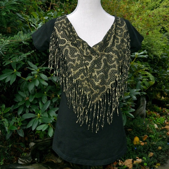 Onanya Tops - Onanya shipibo Black and Gold Fringe T-shirt L